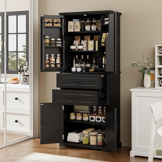 Merax 72.5" Tall Kitchen Pantry Storage Cabinet, Farmhouse Freestanding Large Cupboard with Two Drawers, Bathroom Cabinet with Adjustable Shelves, 6 Door-Shelf for Dining Room, Black
