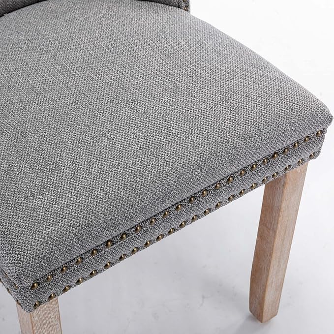 Ball & Cast Contemporary Upholstered Dining Chairs Set of 2, Button Tufted Kitchen Side-Chairs with Hang Ring & Nailhead Trims & Solid Wood Legs, 2-Piece Backrest Traditional Chair, Linen Gray