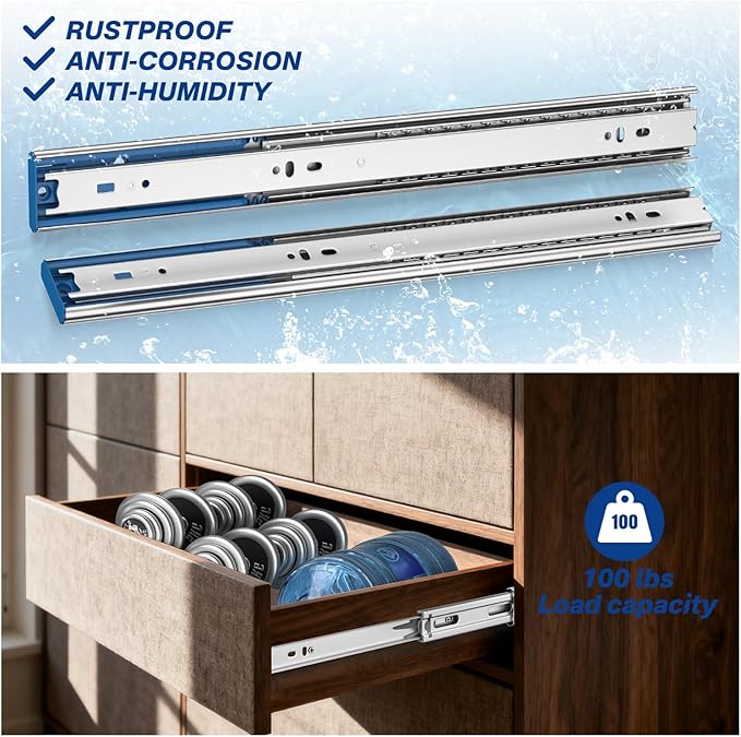 Soft Close Ball Bearing Drawer Slides 12 Inch, 1 Pair 3-Section Full Extension Drawer Glides Heavy Duty Steel Side Mount Rails for Kitchen Cabinet，Tool Chest，Office Furniture，100 LBS