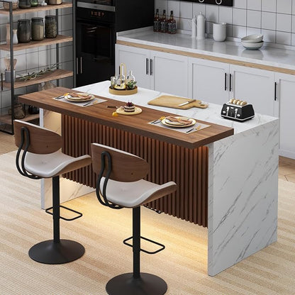 Gyfimoie 63" Large Imitation Marble Bar Table,Island Table with LED Lights,Mordern Marble Stripes Dining Table with Grille Design for Home Kitchen, Living Room, Balcony, Basement(White)