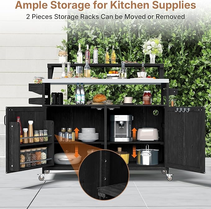 Zevemomo Outdoor Grill Cart with Raised Shelf, Stainless Steel Tabletop Outdoor Kitchen Island, Outdoor Buffet Cabinet with Lockable Wheels, Internal Storage Rack, Spice Rack for Grilling, Black