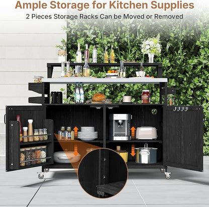 Zevemomo Outdoor Grill Cart with Raised Shelf, Stainless Steel Tabletop Outdoor Kitchen Island, Outdoor Buffet Cabinet with Lockable Wheels, Internal Storage Rack, Spice Rack for Grilling, Black
