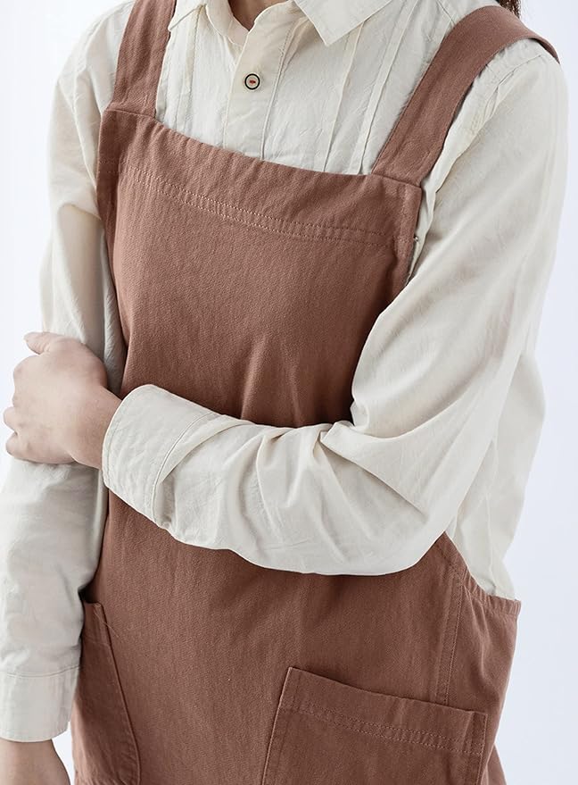 Japanese Cotton Linen Cross Back Apron with Pockets,Fashion Pinafore Dress for Gardening Painting Cleaning Cooking