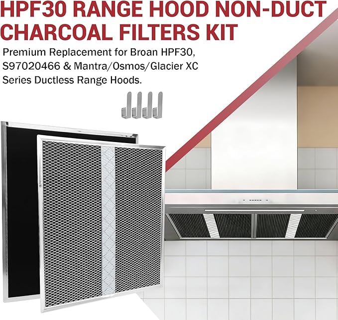 2 Pack HPF30 Range Hood Non-Duct Charcoal Filters Kit, Premium Replacement for Broan HPF30, S97020466 & Mantra/Osmos/Glacier XC Series Ductless Range Hoods, High-Efficiency Activated Carbon Filtration