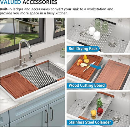 33 Granite Composite Kitchen Sink Double Bowl - Fulorni 33"x22" Granite Kitchen Sink White Ledge Workstation Drop in Topmount Double Bowl 50/50 Quartz Classic Above Counter Basin