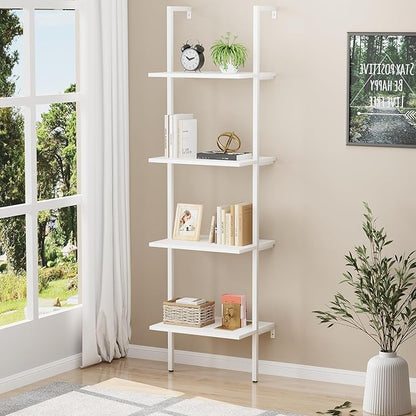 Wolawu Ladder Shelf 4 Tiers Metal Industrial Bookshelf,White Wooden Tall Open Storage Rack and Display Shelves,Wall Mount Wide Bookcase for Home Office Bedroom,Small