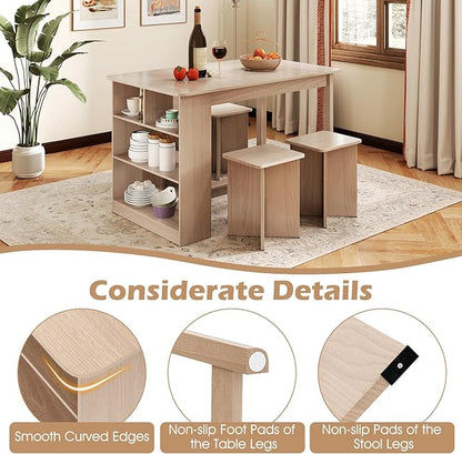 Dining Table Set for 4, Island Table for Kitchen with 3-Tier Shelves & 4 Stools, Wooden Kitchen & Dining Room Furniture, Dinette Set for Home, Restaurant, Bar, Bistro (Natural)