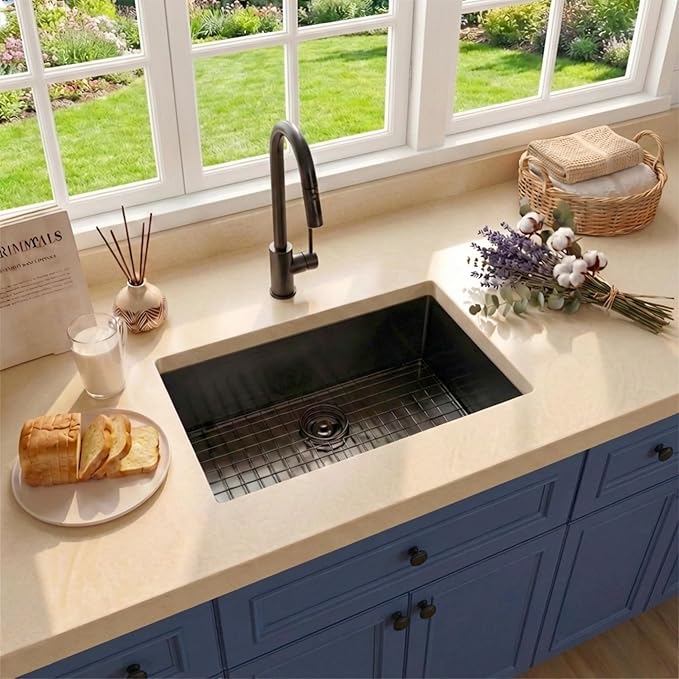 RV Kitchen Sink 25 X 15 inch,Black Undermount Kitchen Sink with 7 inch Depth,Stainless Steel Kitchen Sinks for RV,Outdoor Caming Van Sink