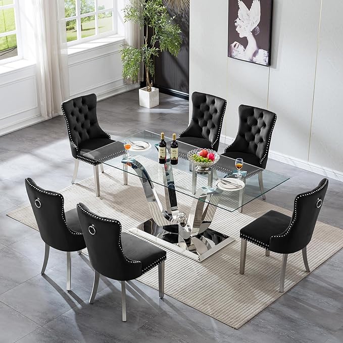 70" Glass Dining Table for 6-8, Modern Dining Room Table with 0.39" Tempered Glass Top and Dual U-Shaped Silver Stainless Steel Base, Rectangle Kitchen Dinner Table for Dining Room