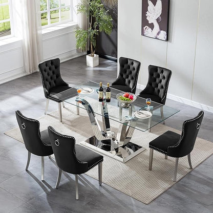 70" Glass Dining Table for 6-8, Modern Dining Room Table with 0.39" Tempered Glass Top and Dual U-Shaped Silver Stainless Steel Base, Rectangle Kitchen Dinner Table for Dining Room