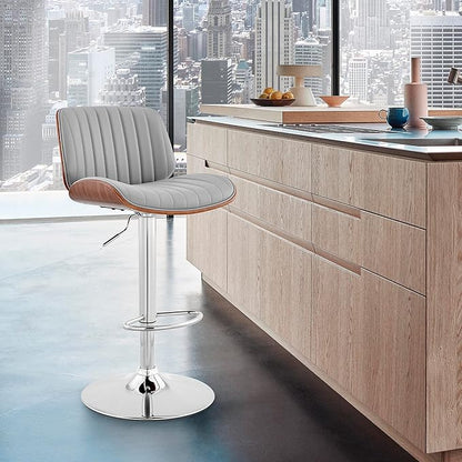 Armen Living Brock Modern Adjustable Height Swivel Gray Faux Leather and Walnut Wood Bar Stool with Chrome Base for Kitchen Island Counter