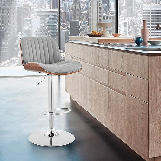 Armen Living Brock Modern Adjustable Height Swivel Gray Faux Leather and Walnut Wood Bar Stool with Chrome Base for Kitchen Island Counter