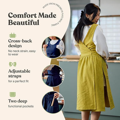HANEE Linen Cross Back Apron for Women with Pockets - Japanese, Korean Style No Tie Pinafore Smock for Kitchen Cooking Garden