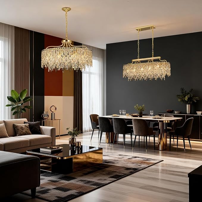 10 Lights Modern Gold Crystal Chandeliers for Dining Room Light Fixture | D28 Round Crystal Chandelier Over Table | Hanging Lighting for Living Room Kitchen Island Bedroom Bathroom