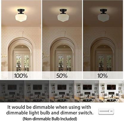 Black Schoolhouse Light Fixture 8" Mid Century Light Fixture Schoolhouse Light Fixtures Ceiling Milk Glass Light Fixtures Semi Flush Mount Ceiling Light for Bathroom (Bulb Incl.)
