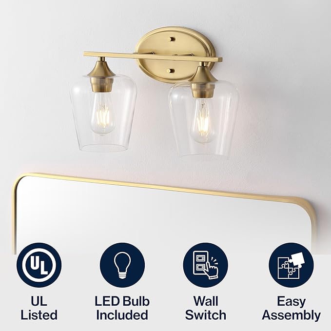 JONATHAN Y 15.75" Brass Gold 2-Light Farmhouse Rustic LED Vanity Light Sconce, Clear Glass Shade, Vintage Indoor Fixture for Bathroom Mirror, LED Bulb Included (JYL7546B)