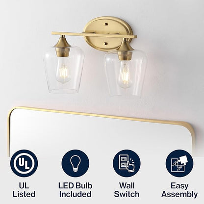 JONATHAN Y 15.75" Brass Gold 2-Light Farmhouse Rustic LED Vanity Light Sconce, Clear Glass Shade, Vintage Indoor Fixture for Bathroom Mirror, LED Bulb Included (JYL7546B)