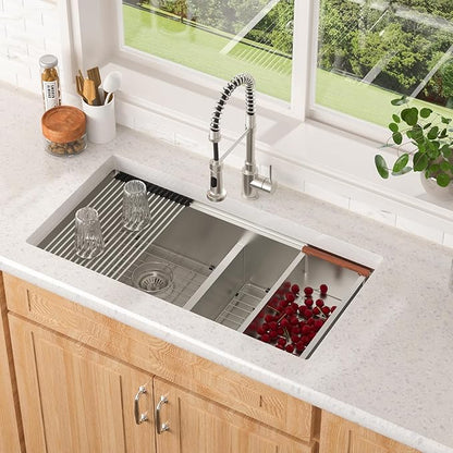 Lordear 36 Inch Undermount Kitchen Sink 50/50 Double Bowl Stainless Steel Kitchen Sinks Low Divided 16 Gauge Undermount Sink 36x19x10 Inch Handmade