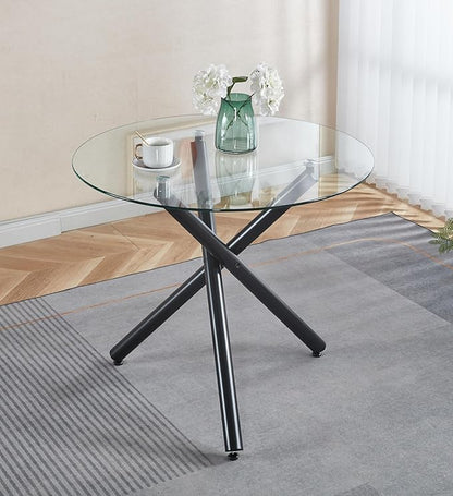 Round Glass Dining Table,Glass Dining Room Table with Metal Legs, Modern Style Glass Kitchen Table for Home, Kitchen, Dining Room