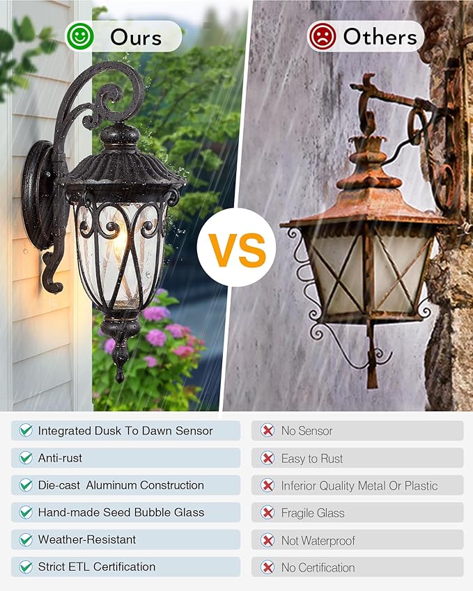 VIANIS Large Outdoor Lights for House Dusk to Dawn, Porch Lights Bronze, Waterproof Outdoor Light Fixture with Seed Glass,Anti-Rust Dusk to Dawn Outdoor Lighting for House, Porch, Entryway