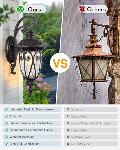 VIANIS Large Outdoor Lights for House Dusk to Dawn, Porch Lights Bronze, Waterproof Outdoor Light Fixture with Seed Glass,Anti-Rust Dusk to Dawn Outdoor Lighting for House, Porch, Entryway