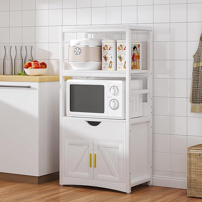 VECELO Freestanding Kitchen Pantry Cabinet, 2-Tier Storage Cupboard with Charging Station & Drawer, Extra Tall & Wide Microwave Shelf, Farmhouse Style, White