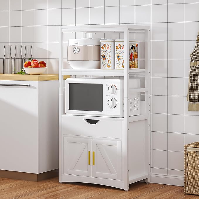 VECELO 2-Tier Kitchen Pantry Storage Cabinet with Charging Station, Freestanding Tall Cupboard with Wider and Taller Microwave Space, Farmhouse Style with Shelves and Drawer,White