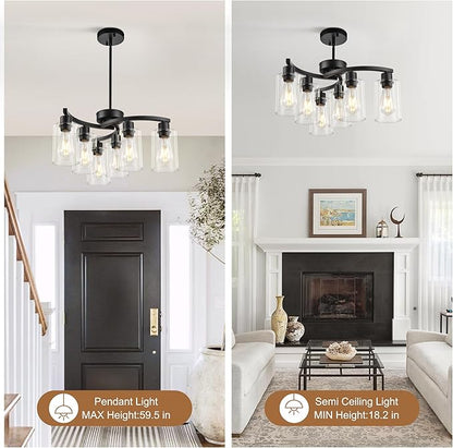 Sigaitwei 6 Light Modern Chandeliers for Dining Room,21.7" Black Hanging Light Fixture，Kitchen Pendant Lighting Over Island，Industrial Farmhouse Chandelier,Metal with Downward Clear Glass Shade