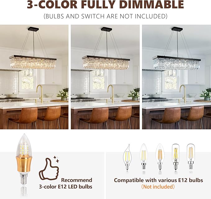 Modern Crystal Chandelier for Dining Room, 8-Light Black Rectangle Pendant Ceiling Light Fixture for Kitchen Island Bar, L40 x W10 x H10