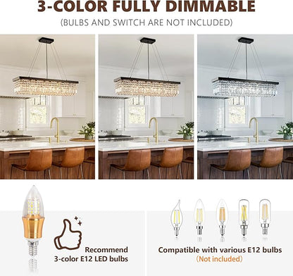 Modern Crystal Chandelier for Dining Room, 8-Light Black Rectangle Pendant Ceiling Light Fixture for Kitchen Island Bar, L40 x W10 x H10