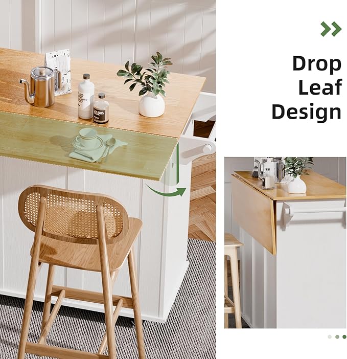 Kitchen Island with Storage, Rolling Kitchen Island Cart with Drop Leaf, Storage Drawers, Spice Rack, and Towel Rack for Kitchen and Dining Room, White