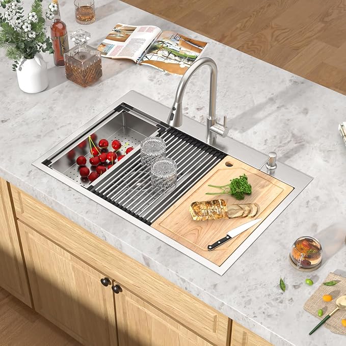 36 Inch Drop-In Double Bowl Kitchen Sink, 50/50 Low Divide 16 Gauge 304 Stainless Steel Workstation All-In One Large Sink with Accessories, Brushed Finish #TLDB-503