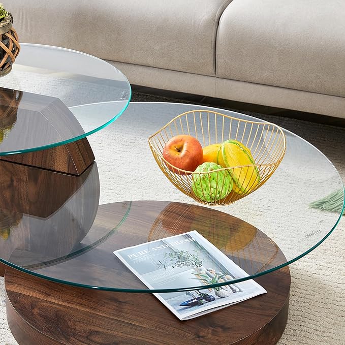 Glass Coffee Table, Modern Round Glass Coffee Table with Wooden Base, 3 Tier Round Coffee Table, Clear Cocktail Table with Storage for Living Room, Office, Balcony (42″ Walnut)