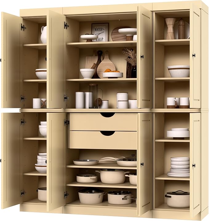 Palace Imports Solid Wood Pantry Cabinet - 71.5" Tall, 65" Wide Freestanding Cupboard with 2-Drawer Kit & Adjustable Shelves – Yellow, Renewable Eco-Friendly 100% Wood, Made in Brazil