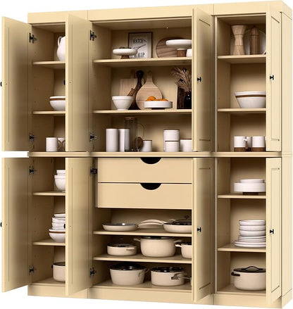 Palace Imports Solid Wood Pantry Cabinet - 71.5" Tall, 65" Wide Freestanding Cupboard with 2-Drawer Kit & Adjustable Shelves – Yellow, Renewable Eco-Friendly 100% Wood, Made in Brazil