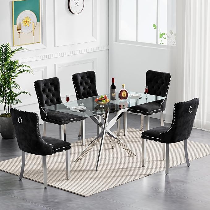 Silver Glass Dining Table for 4 Modern 51.2" Rectangular Kitchen Dining Room Table for 4 with X-Shape Metal Base Large Clear Glass Top Dining Tables for Home Kitchen