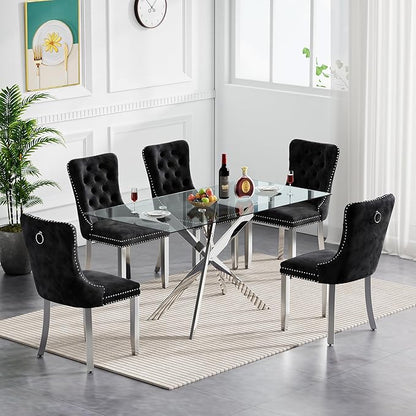 Silver Glass Dining Table for 4 Modern 51.2" Rectangular Kitchen Dining Room Table for 4 with X-Shape Metal Base Large Clear Glass Top Dining Tables for Home Kitchen