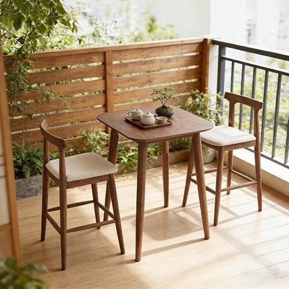 COSTWAY 3-Piece Solid Rubberwood Counter Height Farmhouse Dining Set – 36" Pedestal Table with Rounded Edges & 2 Upholstered 24" Bar Stools with Backrest and Footrest, Walnut Finish