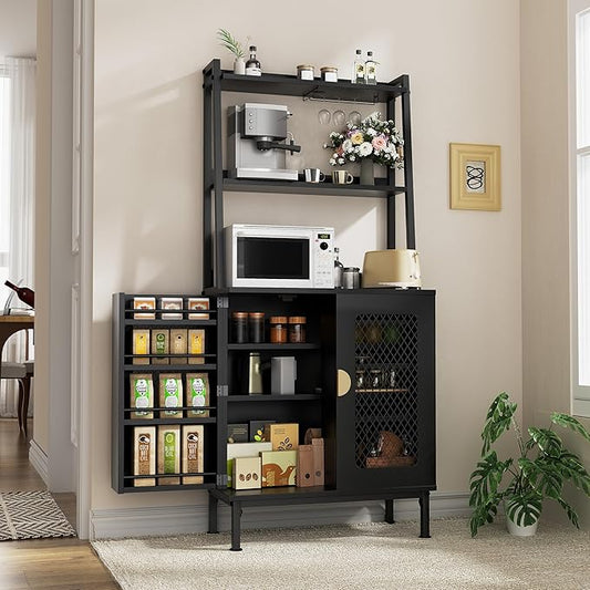 58” Pantry Cabinets with Microwave Shelves, Small Kitchen Pantry Storage Cabinet with Adjustable Shelves, Freestanding Buffet Cupboards Sideboard for Kitchen, Dining Room, Living Room Use (Black)
