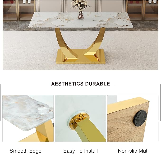 Faux Marble Dining Table, 71" Dining Room Table with Rectangular Tempered Glass Top for 6-8, Modern Kitchen Table with Golden U-Shaped Base, Contemporary Kitchen Dining Room Furniture