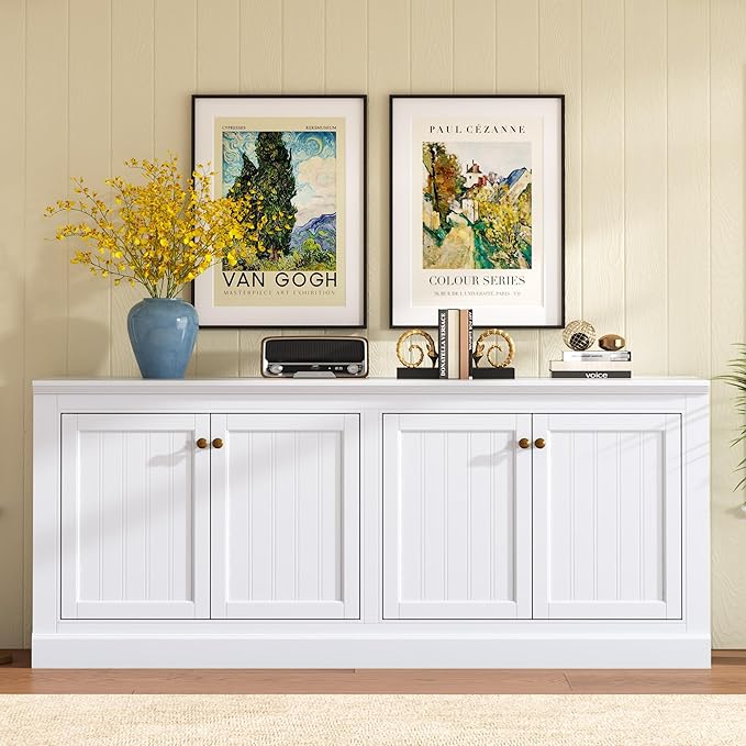 AMERLIFE 72" Farmhouse Sideboard Buffet Cabinet with Barn Doors, Storage Console Table with Adjustable Shelves, Coffee Bar/TV Stand for Living Room, Kitchen, Entryway, White