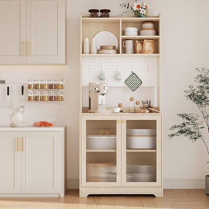 71" Kitchen Pantry Cabinet with Double Glass Doors and Pegboard, Wooden Cabinet with Open Shelves and Countertop,Kitchen Hutch with Storage for Dining Room or Living Room, Natural