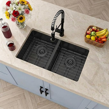 Black RV Kitchen Sink 27 X 16 inch,50/50 Double Bowl Undermount Kitchen Sink,16 Gauge Stainless Steel Kitchen Sinks for RV