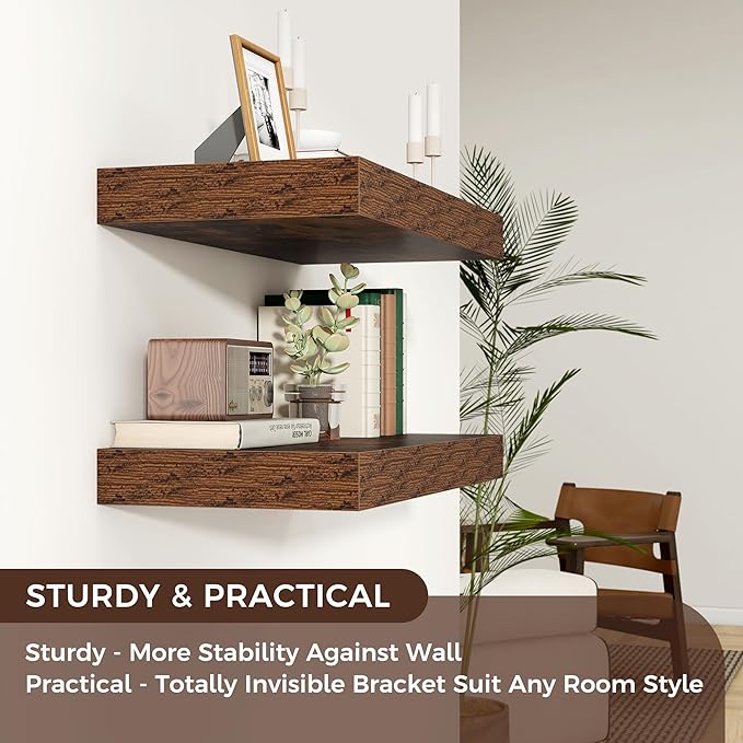 Venusmiles Floating Shelves for Wall, 24 Inch Wide x 12 Inch Deep Floating Shelves, Long Wood Floating Wall Shelf Shelves for Living Room Bathroom Bedroom Kitchen Home - (Brown, 24" W x 12" D x 2" H)