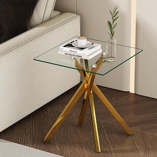 Square Side Table with X-Shaped Chrome Metal Base, Tempered Glass End Tables Small End Table, Living Room Sofa Couch Side Table, Modern Bedsde Tables Bedroom Night Stand, Luxury Gold Nightstand