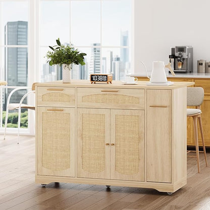 IDEALHOUSE 53.1" Rattan Kitchen Island with Storage, Rolling Dining Cart with Trash Storage Cabinet, Mobile Island Cart with Drop Leaf, Adjustable Shelves, Drawer, 5 Wheels (Natural)
