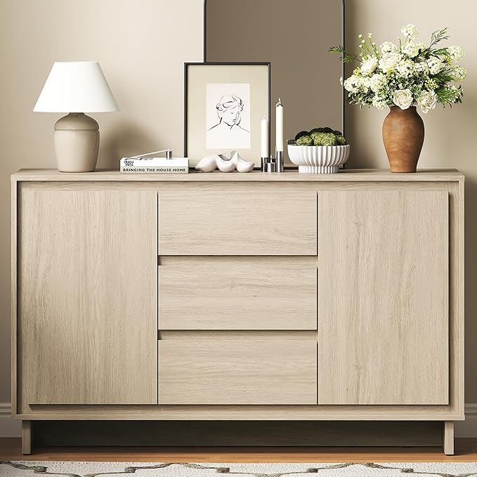 RoyalCraft Buffet Cabinet with Storage, Coffee Bar Cabinet with 3 Drawers and 2 Doors, Framed Edge Design, Modern Sideboard for Kitchen, Living Room and Dining Room, Beige