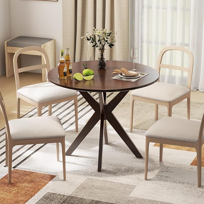 Giantex 36" Round Wood Dining Table, Farmhouse Kitchen Table with Intersecting Pedestal Base & Solid Rubber Wood Legs, Vintage Coffee Tables for Dinette, Small Spaces, Restaurant, Brown