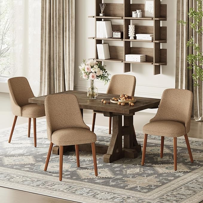 MALOL Dining Room Chair Set of 4, Upholstered Kitchen Chairs with Wood Legs, High-Back Padded Dining Chairs for Dining Room/Restaurant/Cafe, Camel