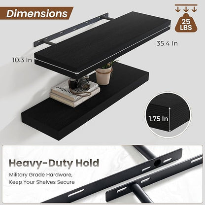 Heimlove 36 Inch Black Floating Shelves for Wall,10 Deep Wood Shelves with Invisible Brackets,Wall Mounted Storage & Display Shelves for Bedroom,Living Room,Kitchen,Office